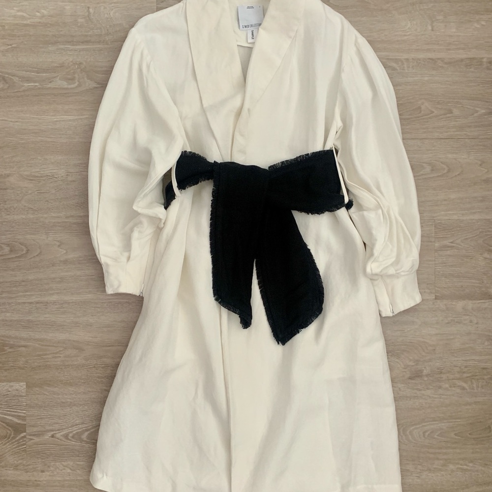 Elegant Linen White Cream Coat with Black Bow Belt